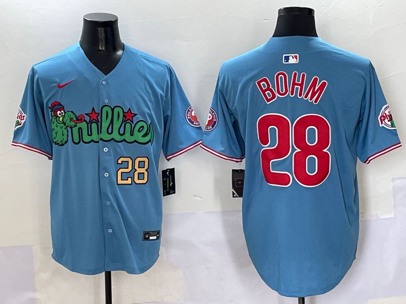 Men Philadelphia Phillies #28 Bohm Light Blue three generations Joint Name Nike 2025 MLB Jersey style 3